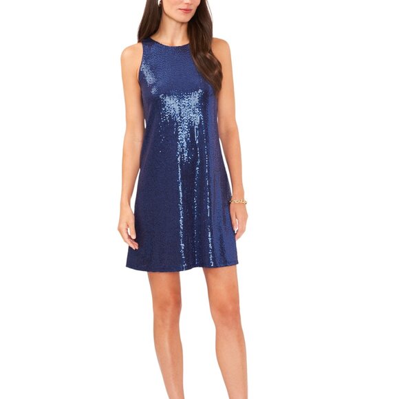 MSK Metallic Sparkle Shift Dress NWT Size S Midnight Blue Keyhole Back Cocktail - Picture 4 of 4
